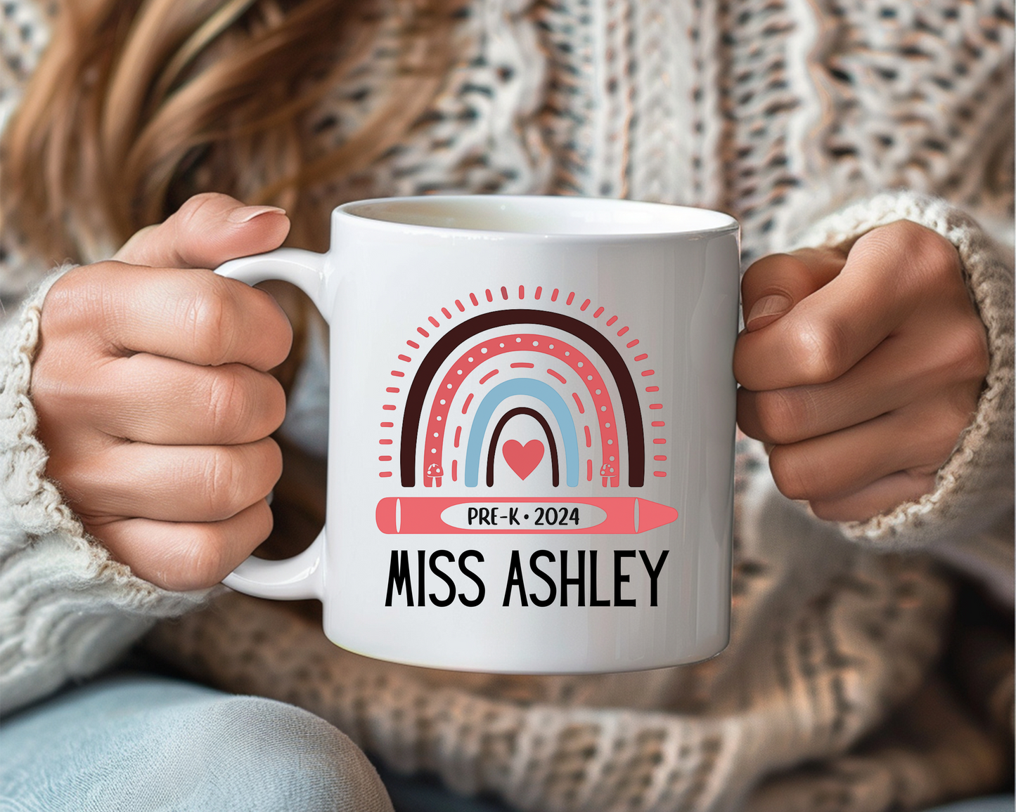 Personalized Teacher Mug – Pre-K Rainbow Crayon Design – Custom Name Mug for Preschool & Kindergarten Teachers – Back to School or End of Year Gift