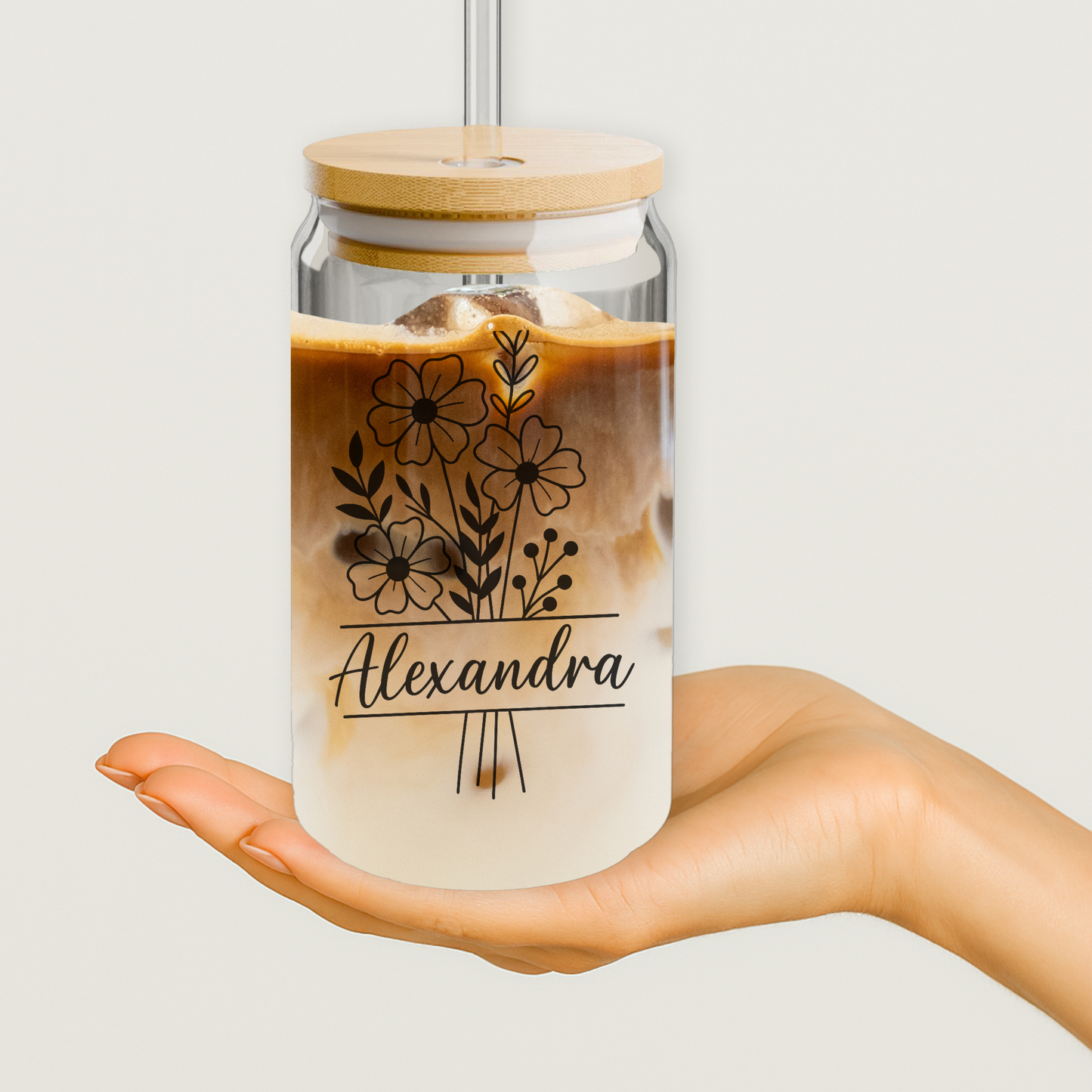 Personalized Frosted Glass Tumbler with Bamboo Lid & Straw – Custom Name Floral Design