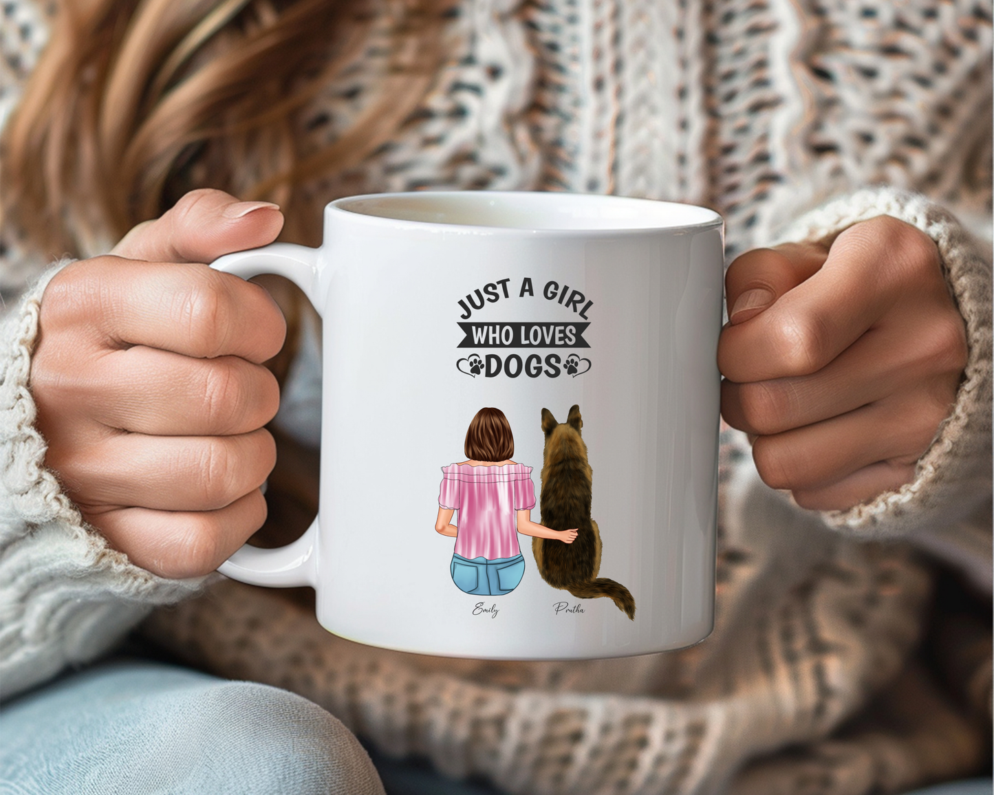 Personalized Dog Lover Mug – “Just a Girl Who Loves Dogs” – Custom Pet Portrait with Name
