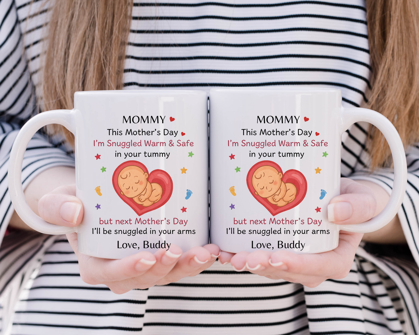 Personalized white ceramic mug with baby-in-belly illustration and message from unborn baby for mommy, ideal first Mother’s Day gift for expecting mom