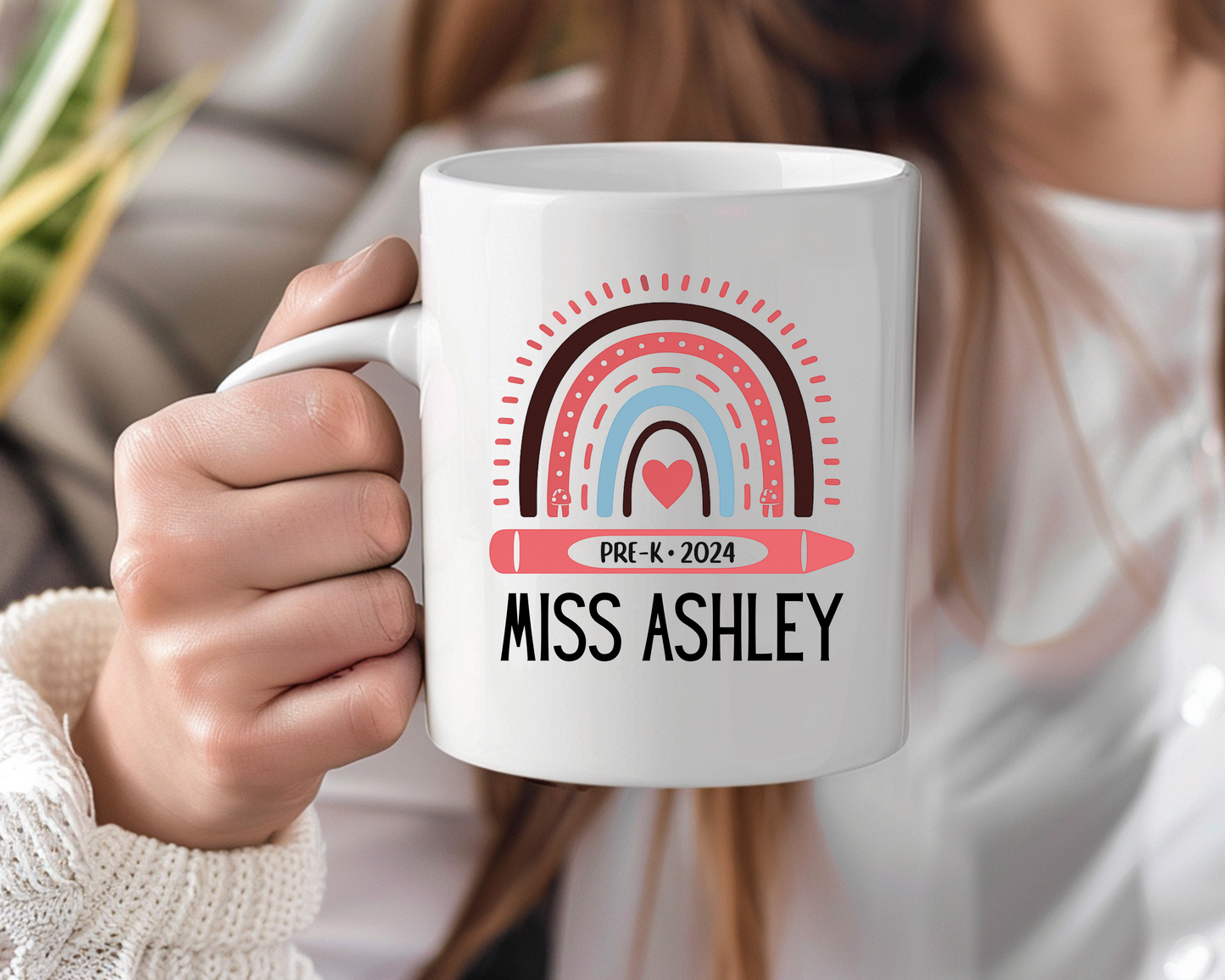 Personalized Teacher Mug – Pre-K Rainbow Crayon Design – Custom Name Mug for Preschool & Kindergarten Teachers – Back to School or End of Year Gift