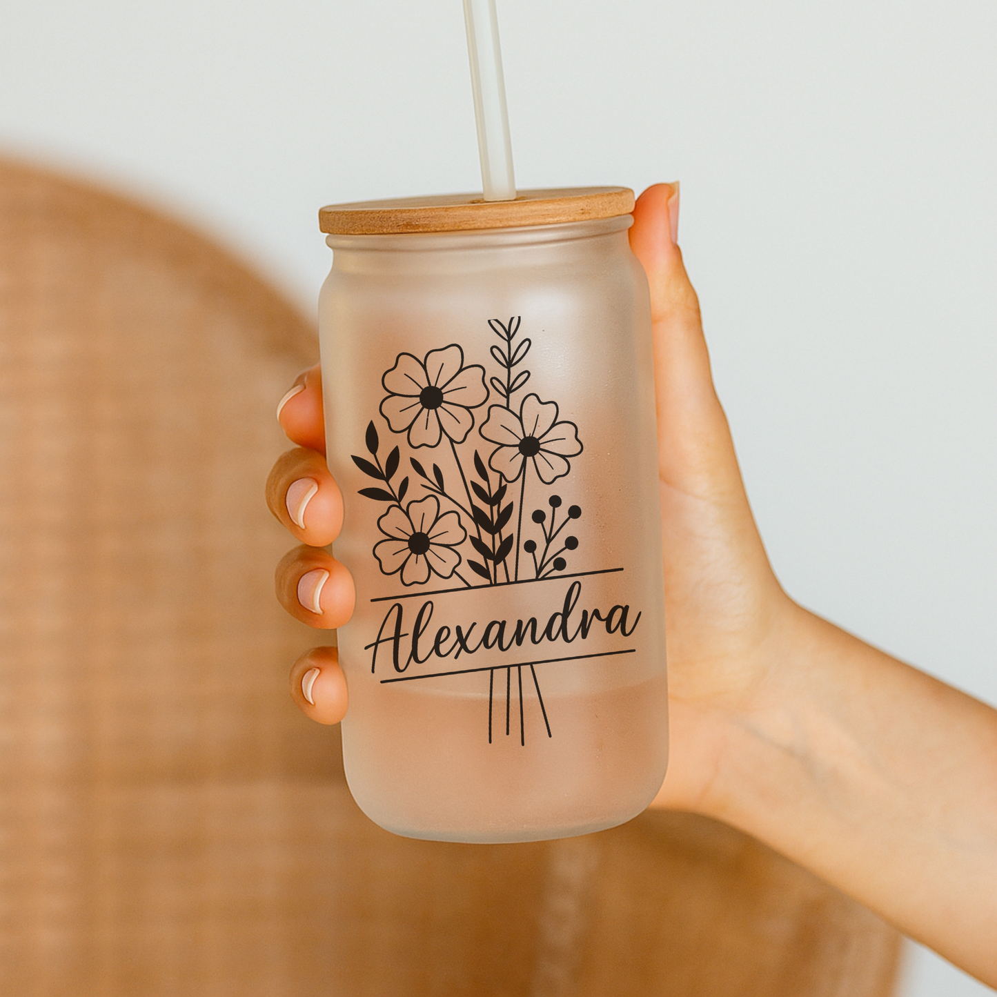Personalized Frosted Glass Tumbler with Bamboo Lid & Straw – Custom Name Floral Design
