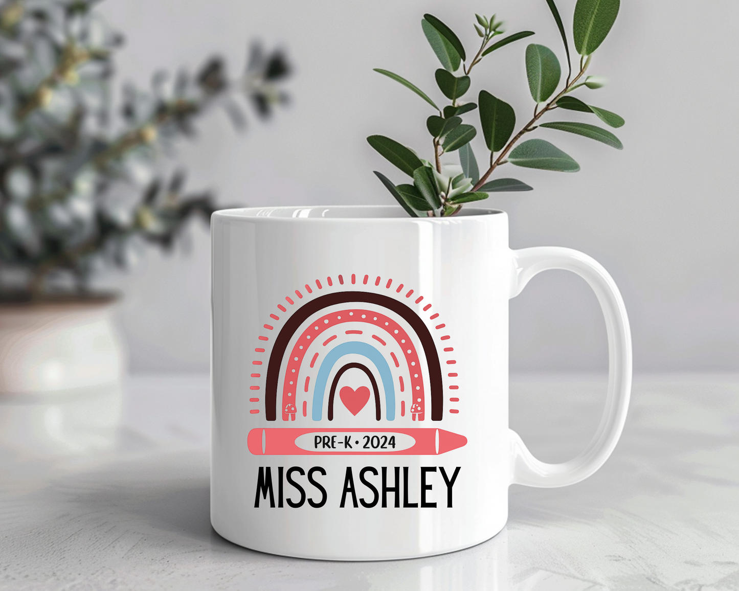 Personalized Teacher Mug – Pre-K Rainbow Crayon Design – Custom Name Mug for Preschool & Kindergarten Teachers – Back to School or End of Year Gift