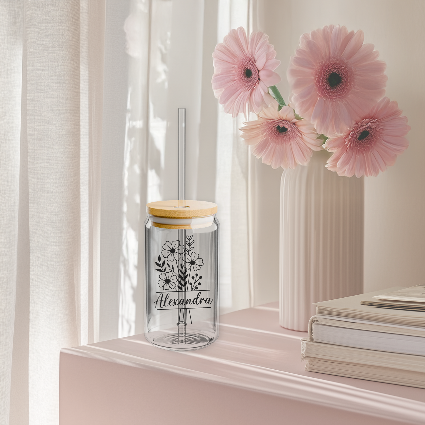 Personalized Frosted Glass Tumbler with Bamboo Lid & Straw – Custom Name Floral Design