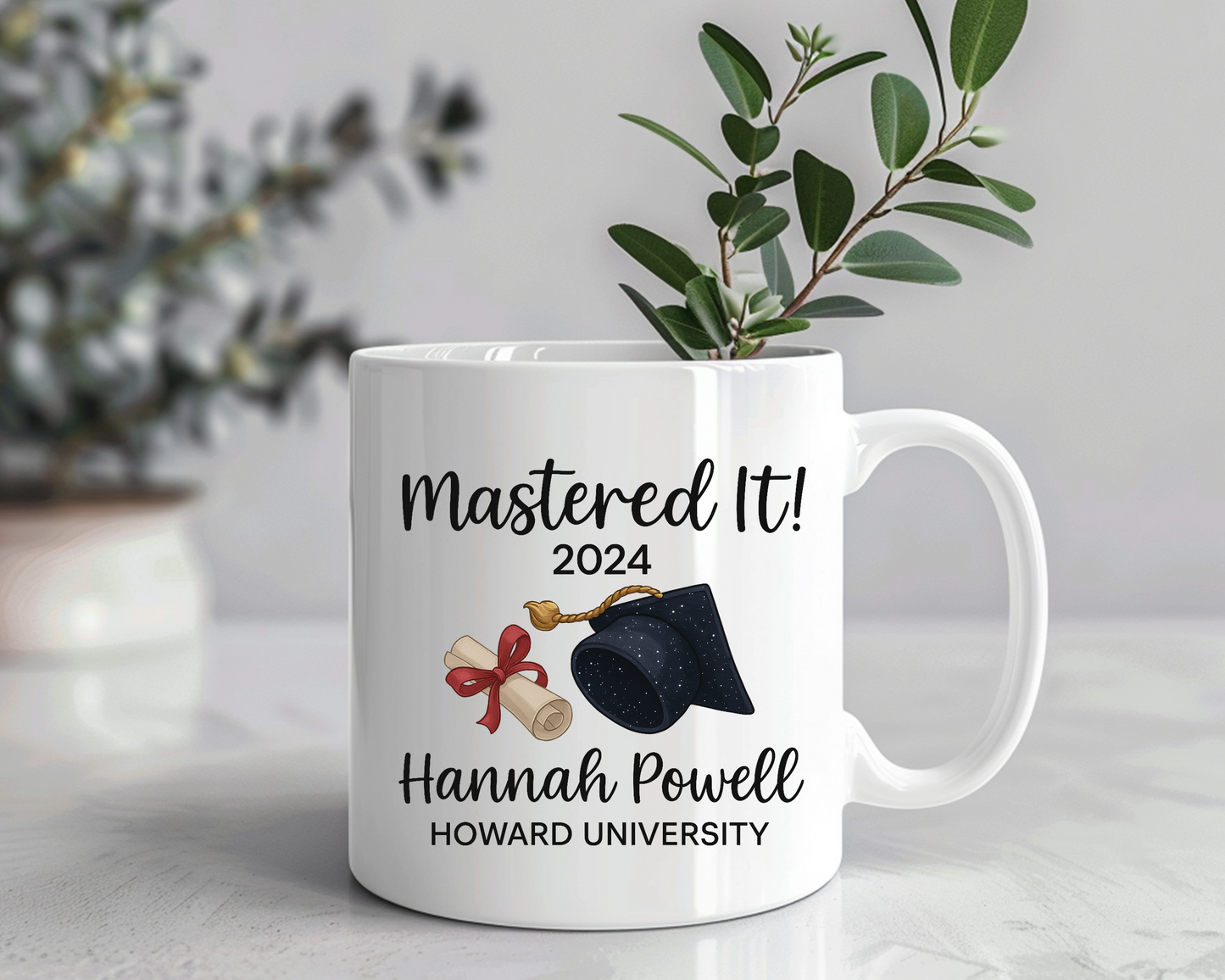 Custom Graduation Mug – "Mastered It!" 2025 Graduate Gift for Her or Him, Personalized Name & University Coffee Cup