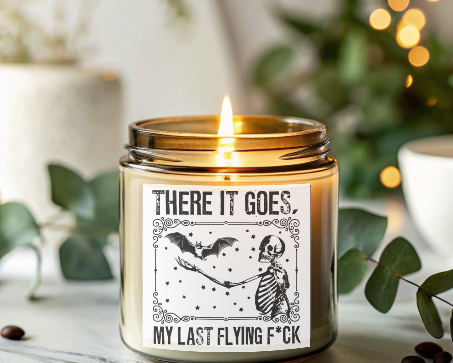 “There It Goes, My Last Flying F*ck” Skeleton & Bat Funny Halloween Mug / Shirt / Candle