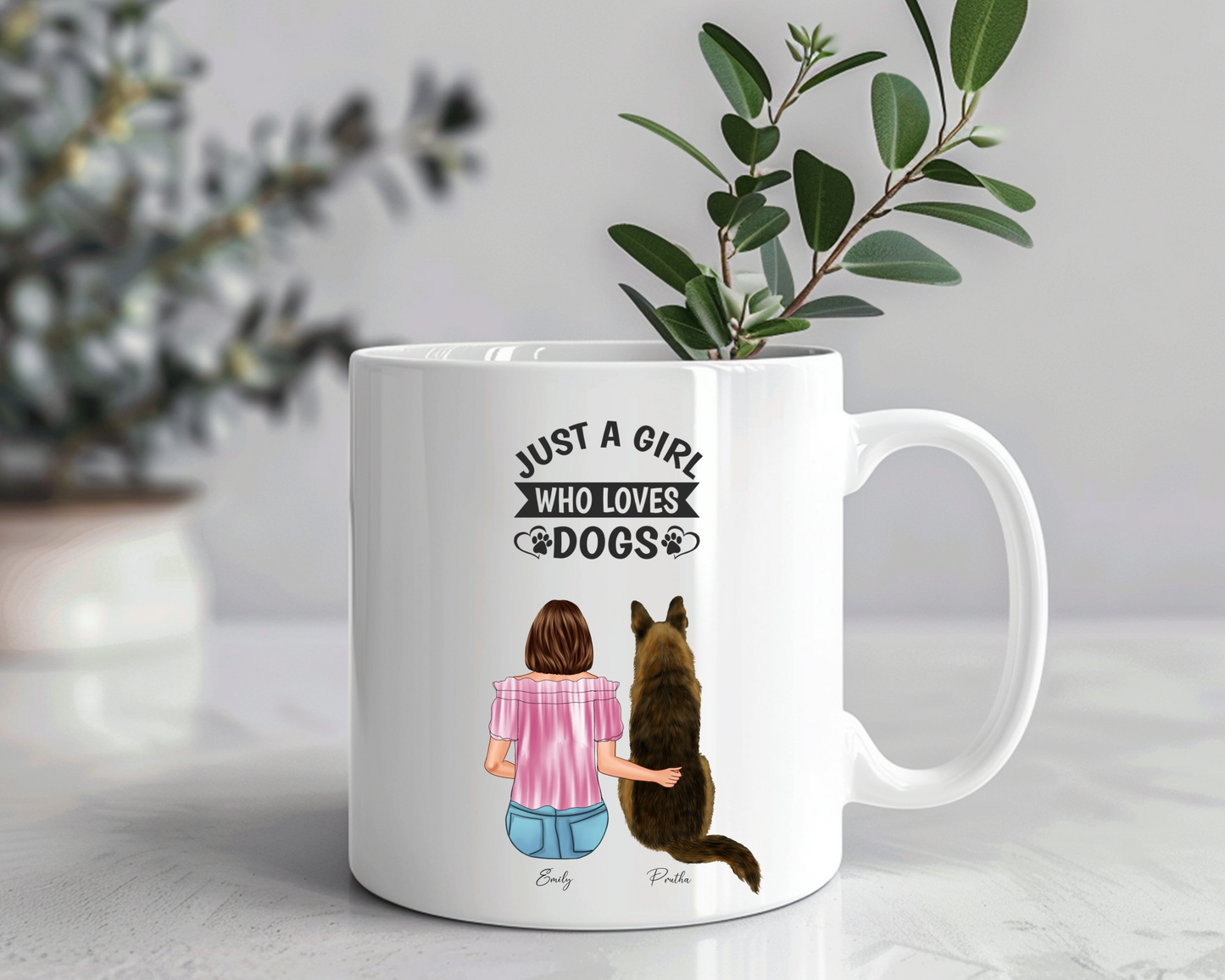 Personalized Dog Lover Mug – “Just a Girl Who Loves Dogs” – Custom Pet Portrait with Name