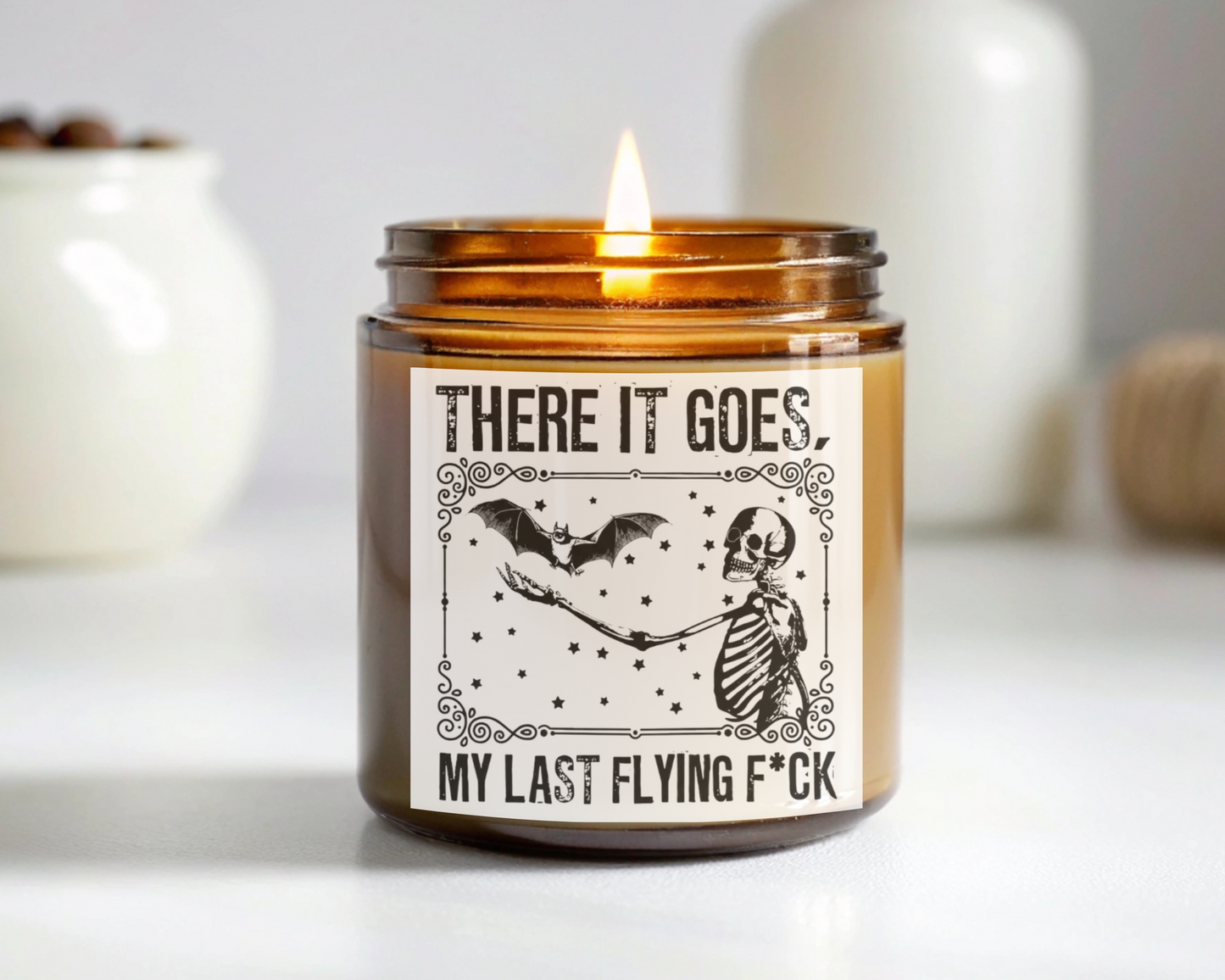 “There It Goes, My Last Flying F*ck” Skeleton & Bat Funny Halloween Mug / Shirt / Candle