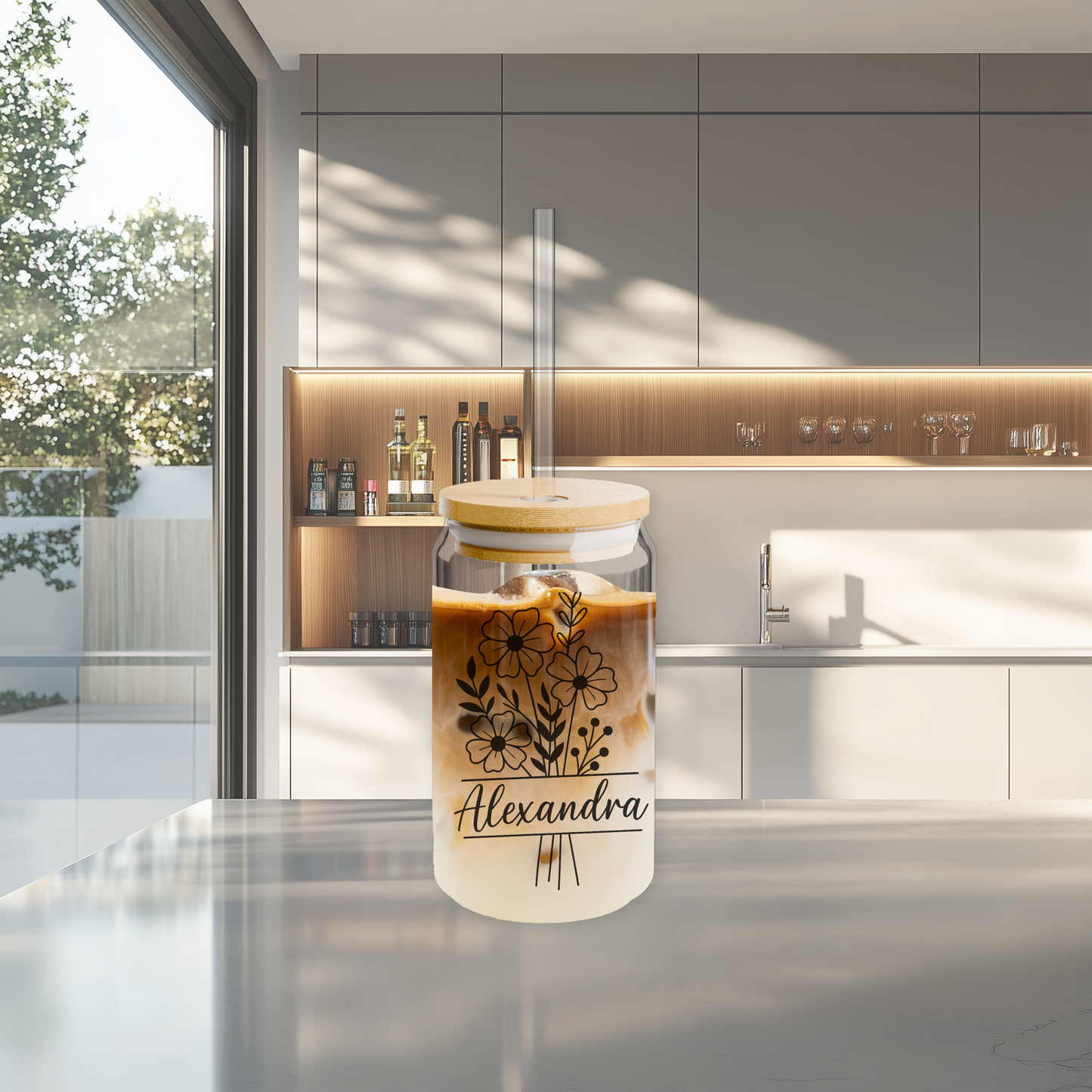 Personalized Frosted Glass Tumbler with Bamboo Lid & Straw – Custom Name Floral Design
