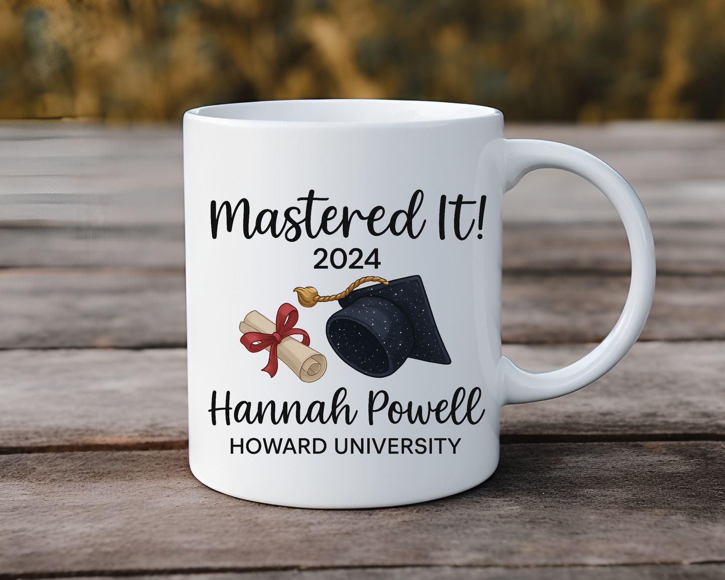 Custom Graduation Mug – "Mastered It!" 2025 Graduate Gift for Her or Him, Personalized Name & University Coffee Cup