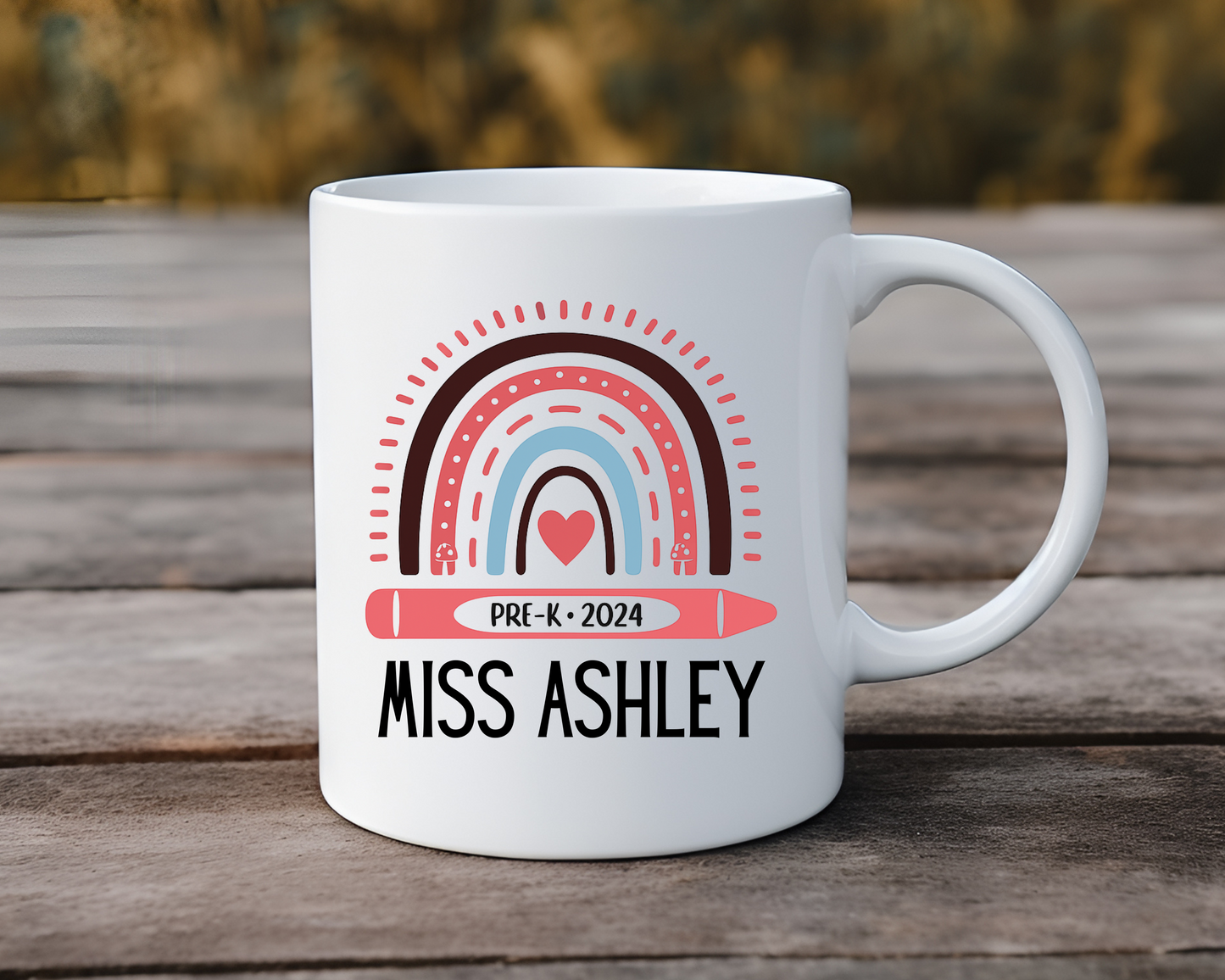 Personalized Teacher Mug – Pre-K Rainbow Crayon Design – Custom Name Mug for Preschool & Kindergarten Teachers – Back to School or End of Year Gift