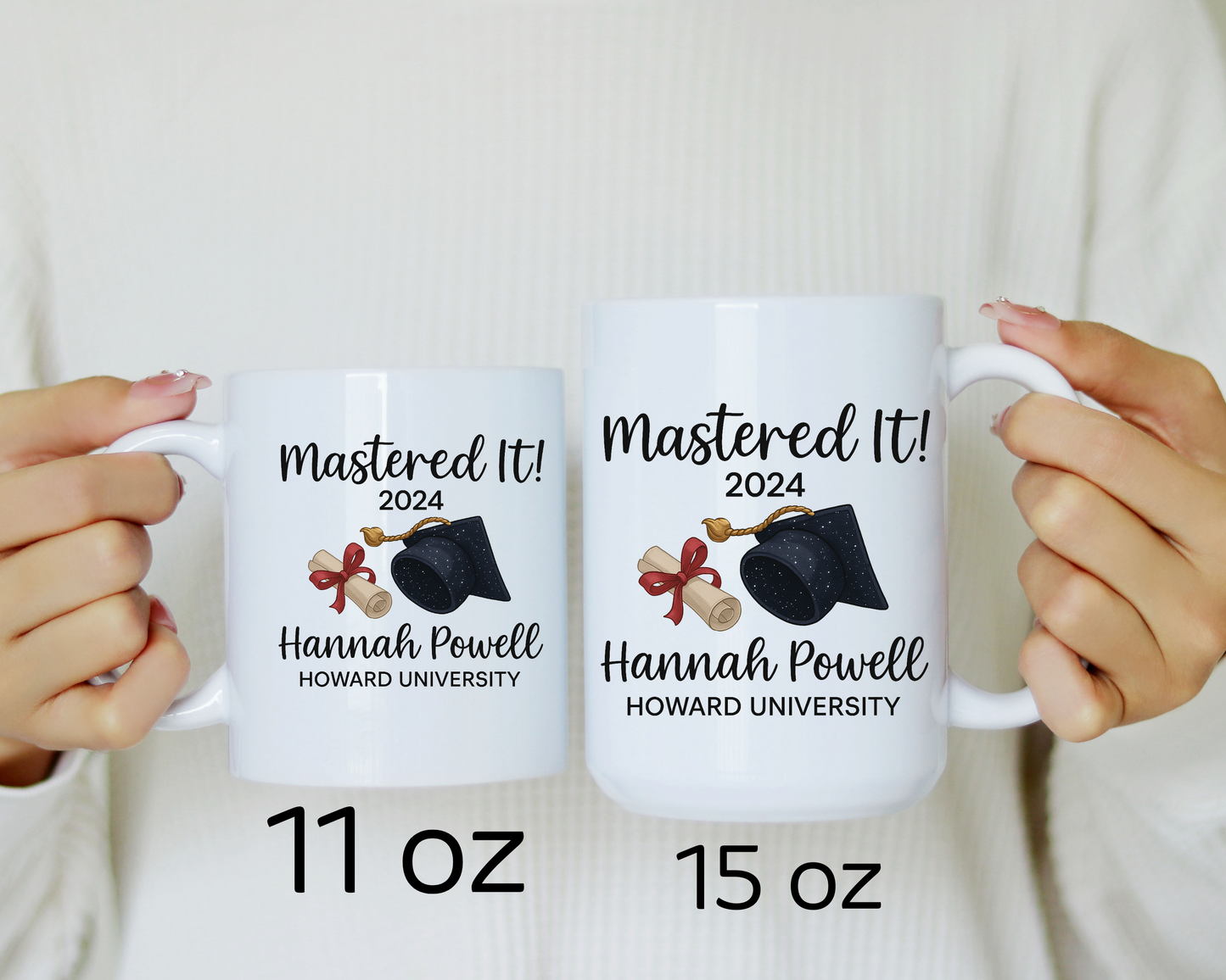 Custom Graduation Mug – "Mastered It!" 2025 Graduate Gift for Her or Him, Personalized Name & University Coffee Cup