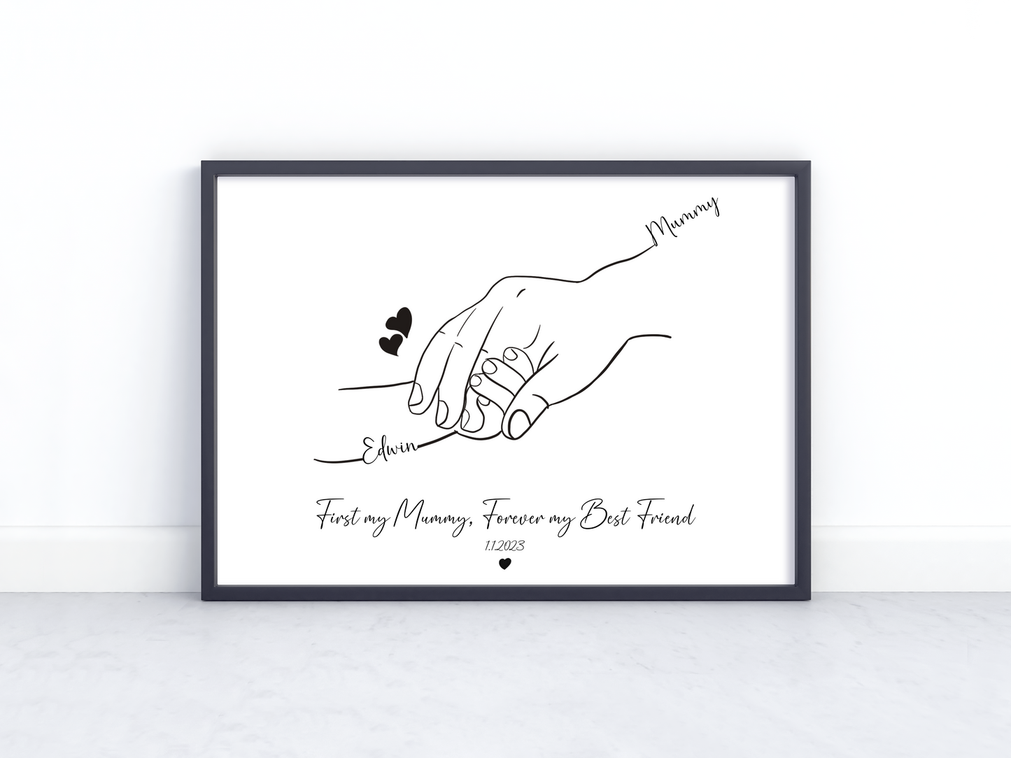 Personalized Mother & Baby Hand Line Art – First My Mummy, Forever My Best Friend – Custom Minimalist Print with Names and Date