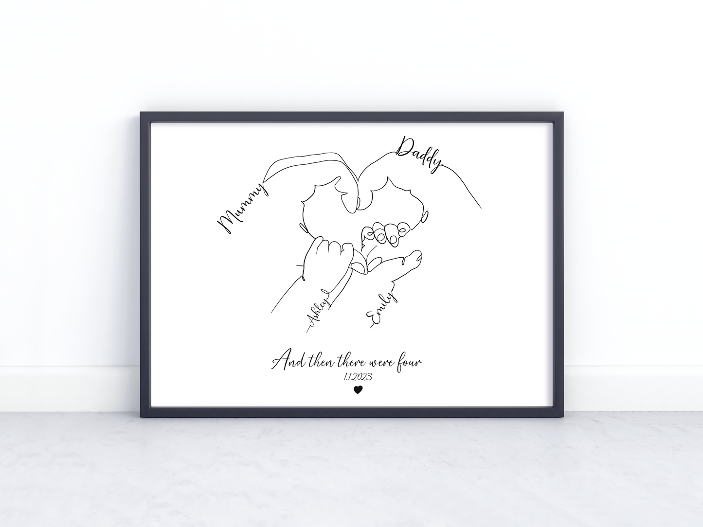 Personalized Family Hands Line Art Print – “And Then There Were Four” – Custom Minimalist Drawing with Names & Date