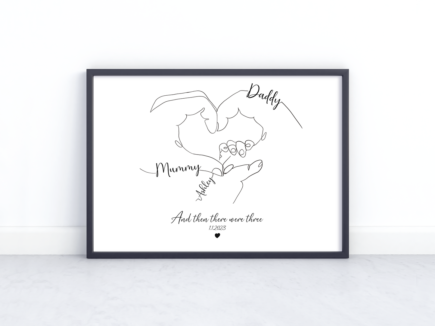 Custom Family Line Art – “And Then There Were Three” – Personalized Hand in Heart Print