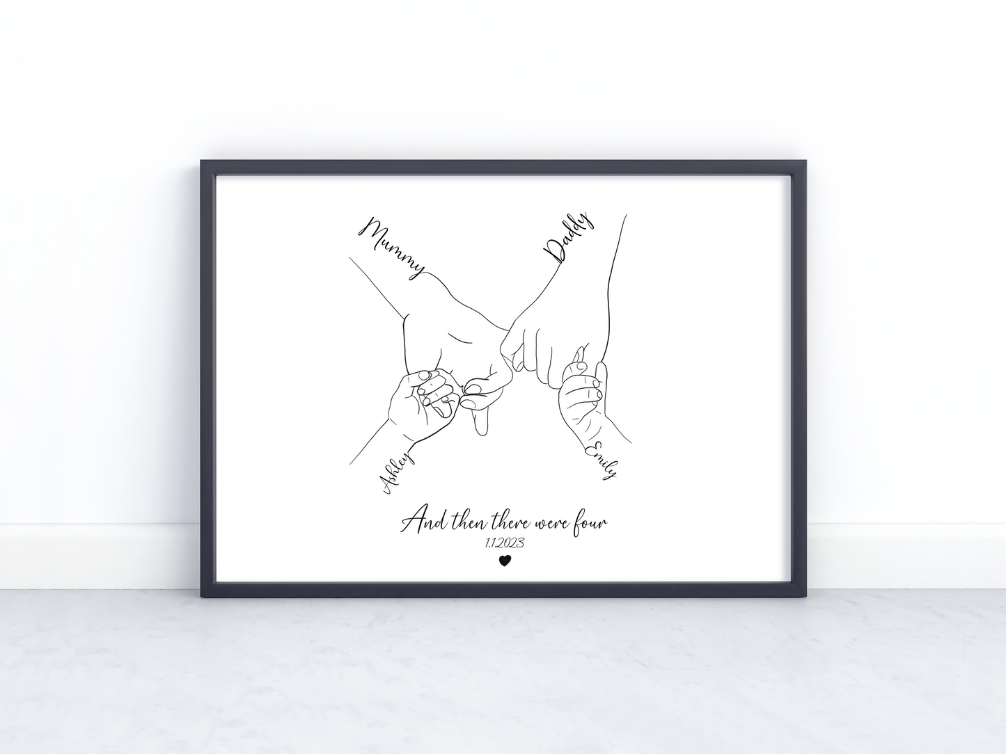 Custom Family Hand Line Drawing – “And Then There Were Four” – Personalized Minimalist Family Portrait Art