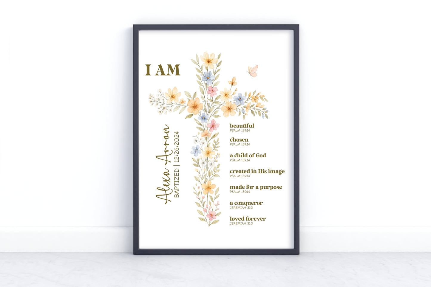 Personalized Floral Baptism Poster – Baby Girl Christian Wall Art with Bible Verses, Nursery Cross Print