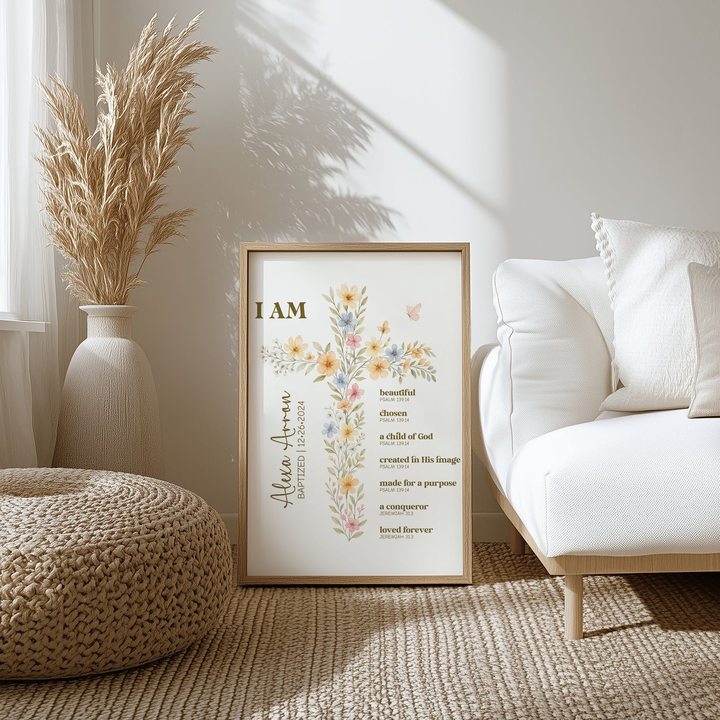 Personalized Floral Baptism Poster – Baby Girl Christian Wall Art with Bible Verses, Nursery Cross Print