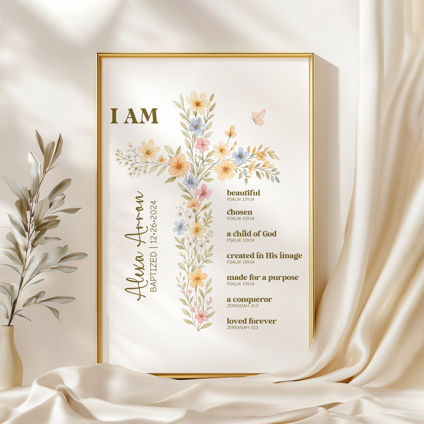 Personalized Floral Baptism Poster – Baby Girl Christian Wall Art with Bible Verses, Nursery Cross Print