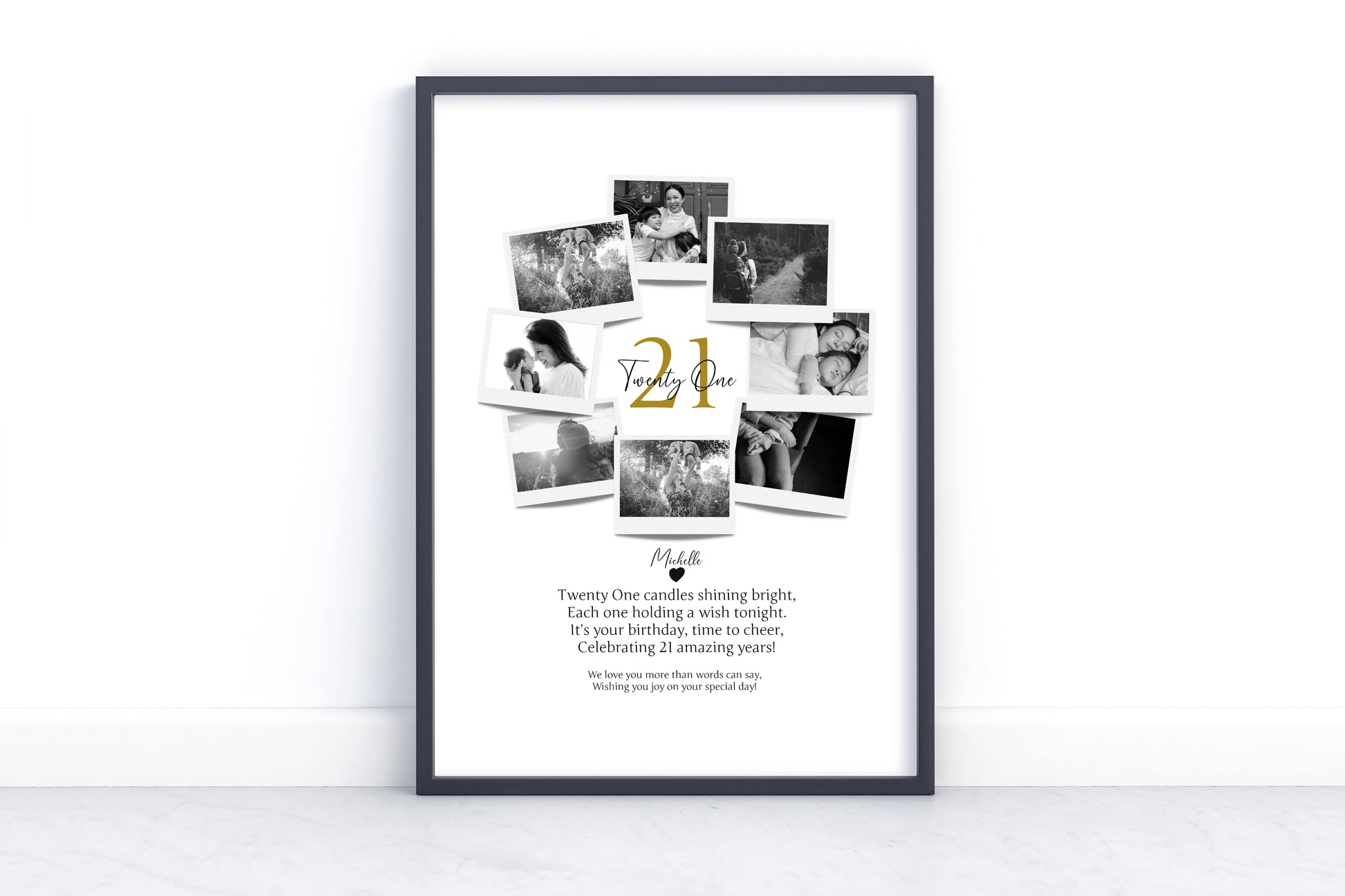 Personalized 21st Birthday Polaroid Photo Collage - Custom Wall Art Gift for 21-Year Celebration with Name and Photos.