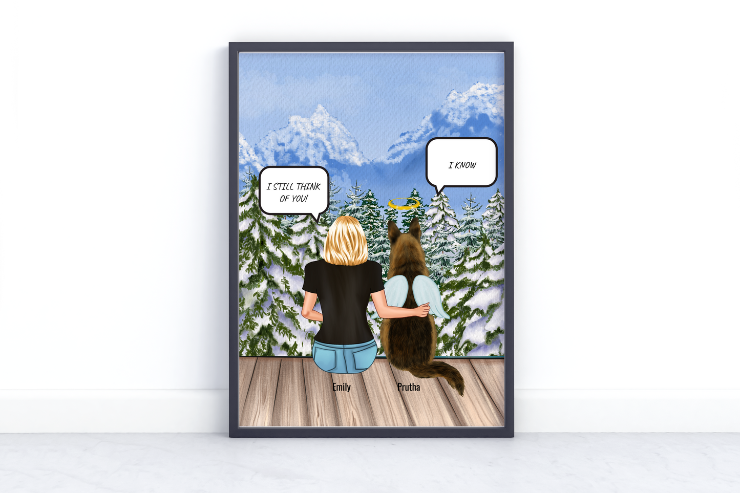 A girl with blonde hair and a black shirt sits beside her angel dog with wings and halo on a wooden deck, overlooking snow-covered trees and mountains. Text bubbles read: "I still think of you" and "I know." Names “Emily” and “Prutha” appear below the characters.