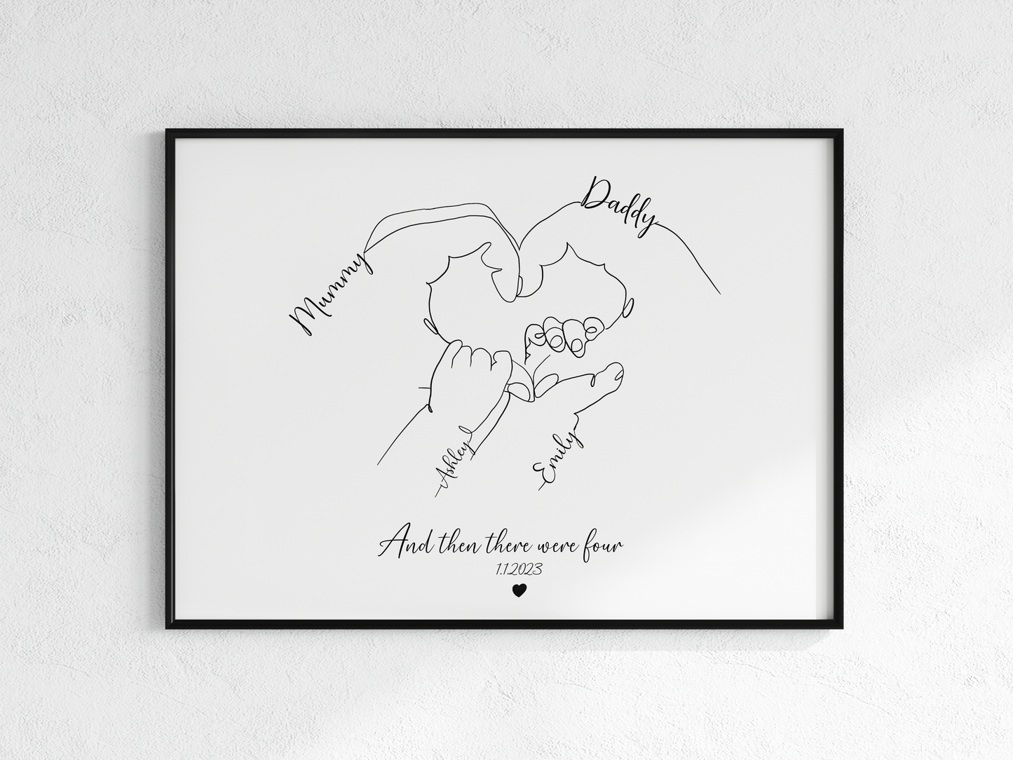 Personalized Family Hands Line Art Print – “And Then There Were Four” – Custom Minimalist Drawing with Names & Date