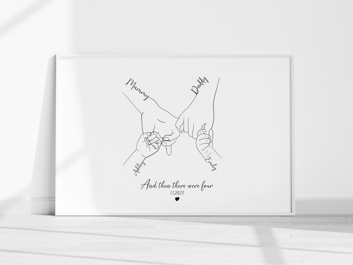 Custom Family Hand Line Drawing – “And Then There Were Four” – Personalized Minimalist Family Portrait Art