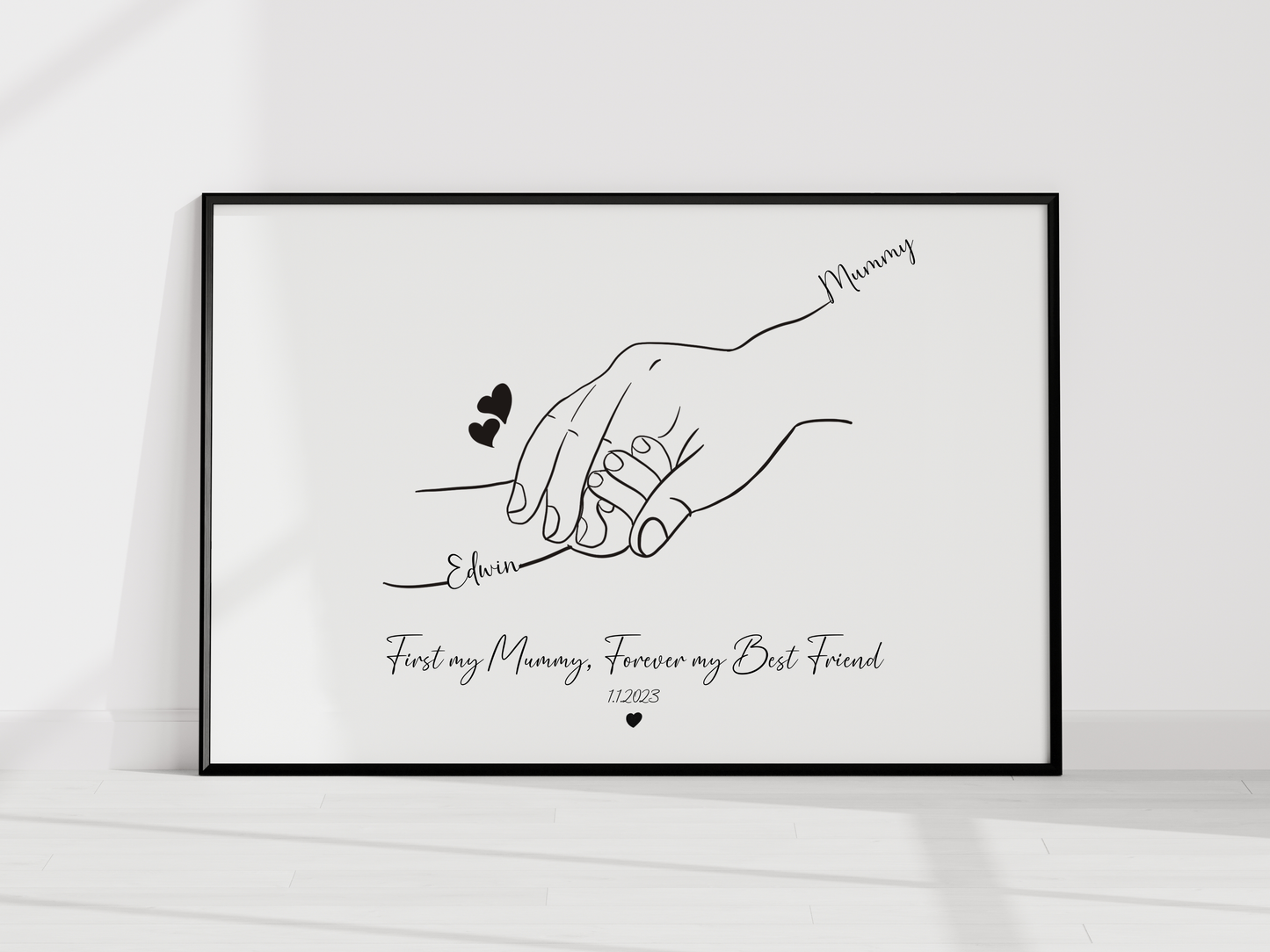 Personalized Mother & Baby Hand Line Art – First My Mummy, Forever My Best Friend – Custom Minimalist Print with Names and Date