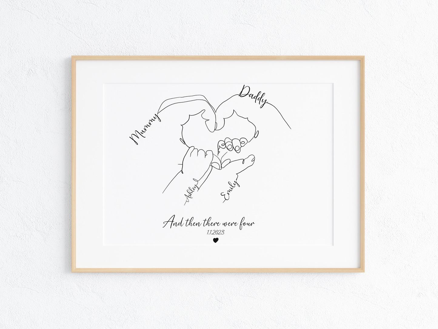 Personalized Family Hands Line Art Print – “And Then There Were Four” – Custom Minimalist Drawing with Names & Date