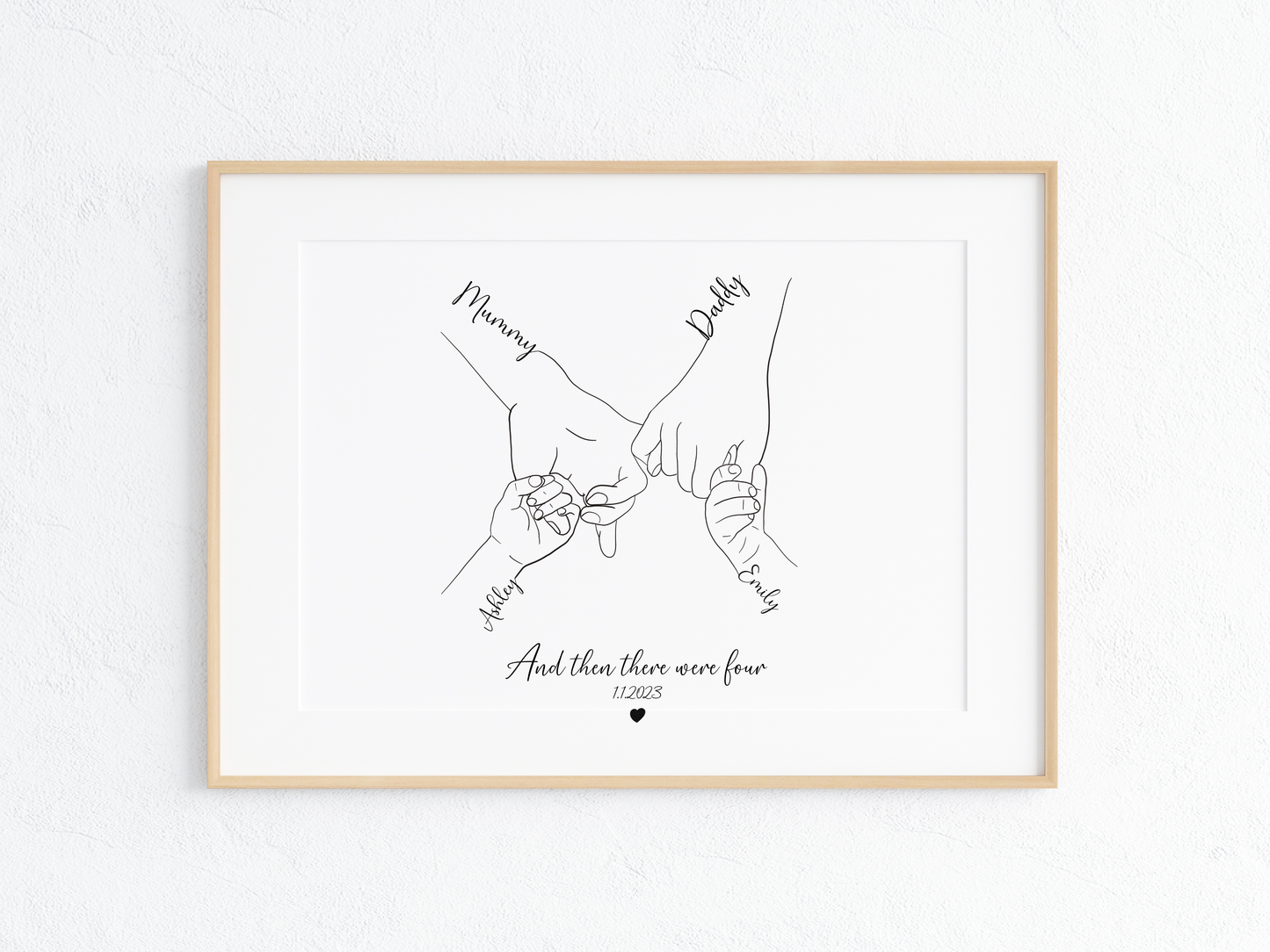 Custom Family Hand Line Drawing – “And Then There Were Four” – Personalized Minimalist Family Portrait Art