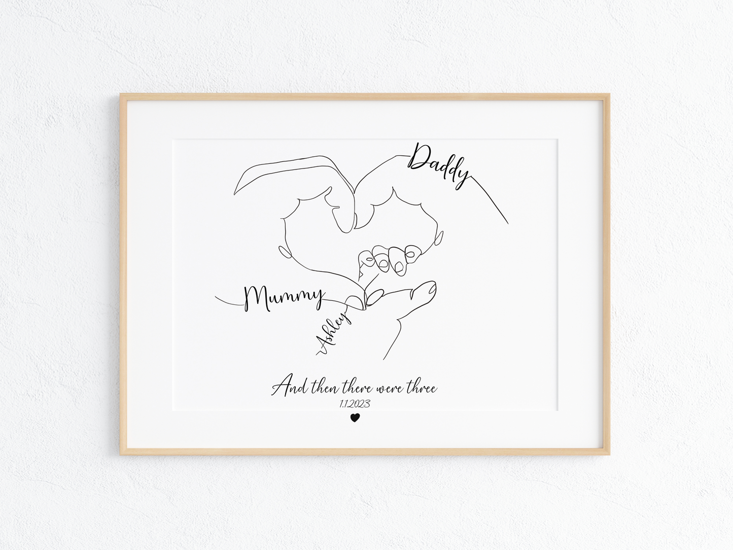 Custom Family Line Art – “And Then There Were Three” – Personalized Hand in Heart Print