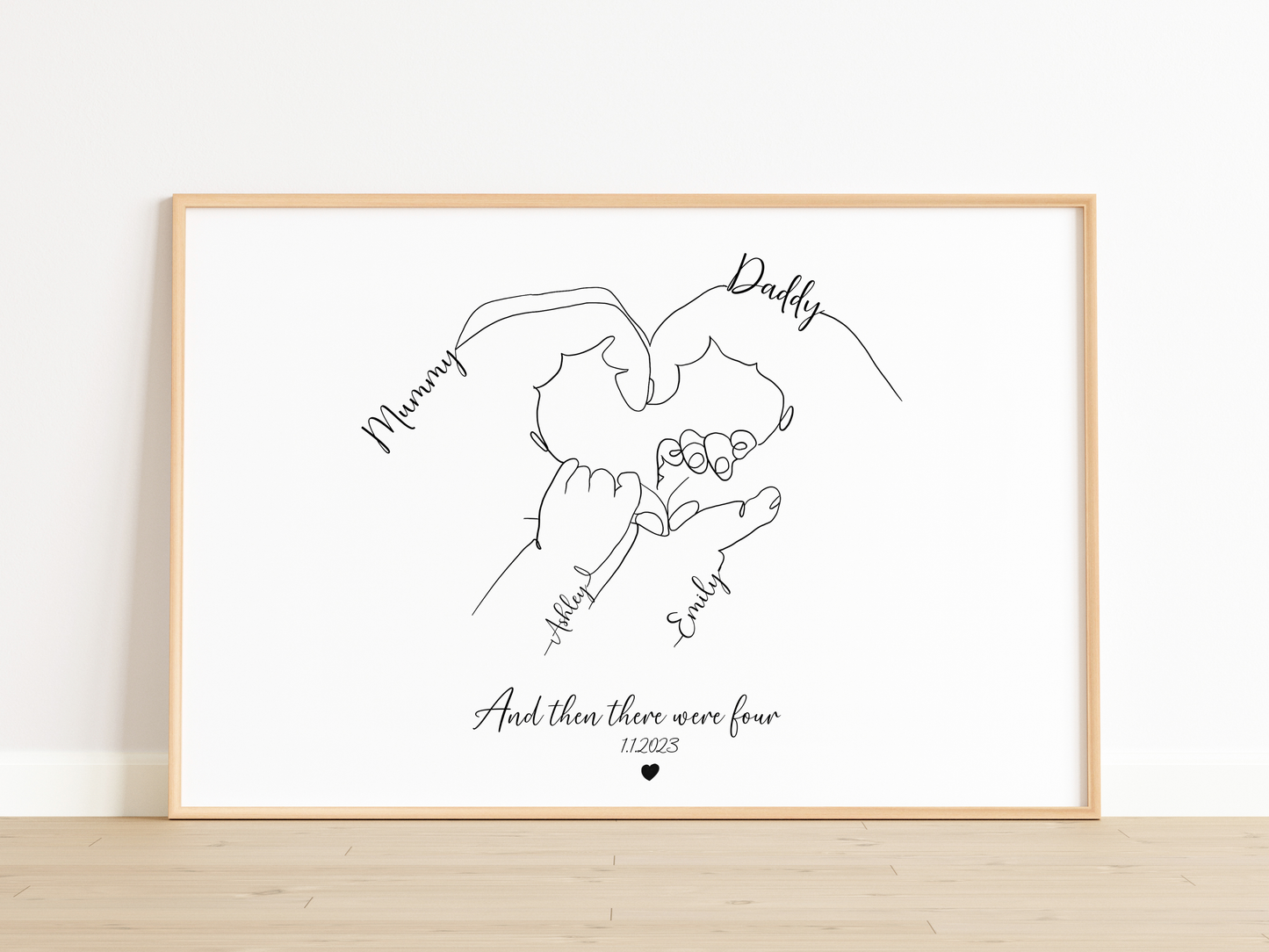 Personalized Family Hands Line Art Print – “And Then There Were Four” – Custom Minimalist Drawing with Names & Date
