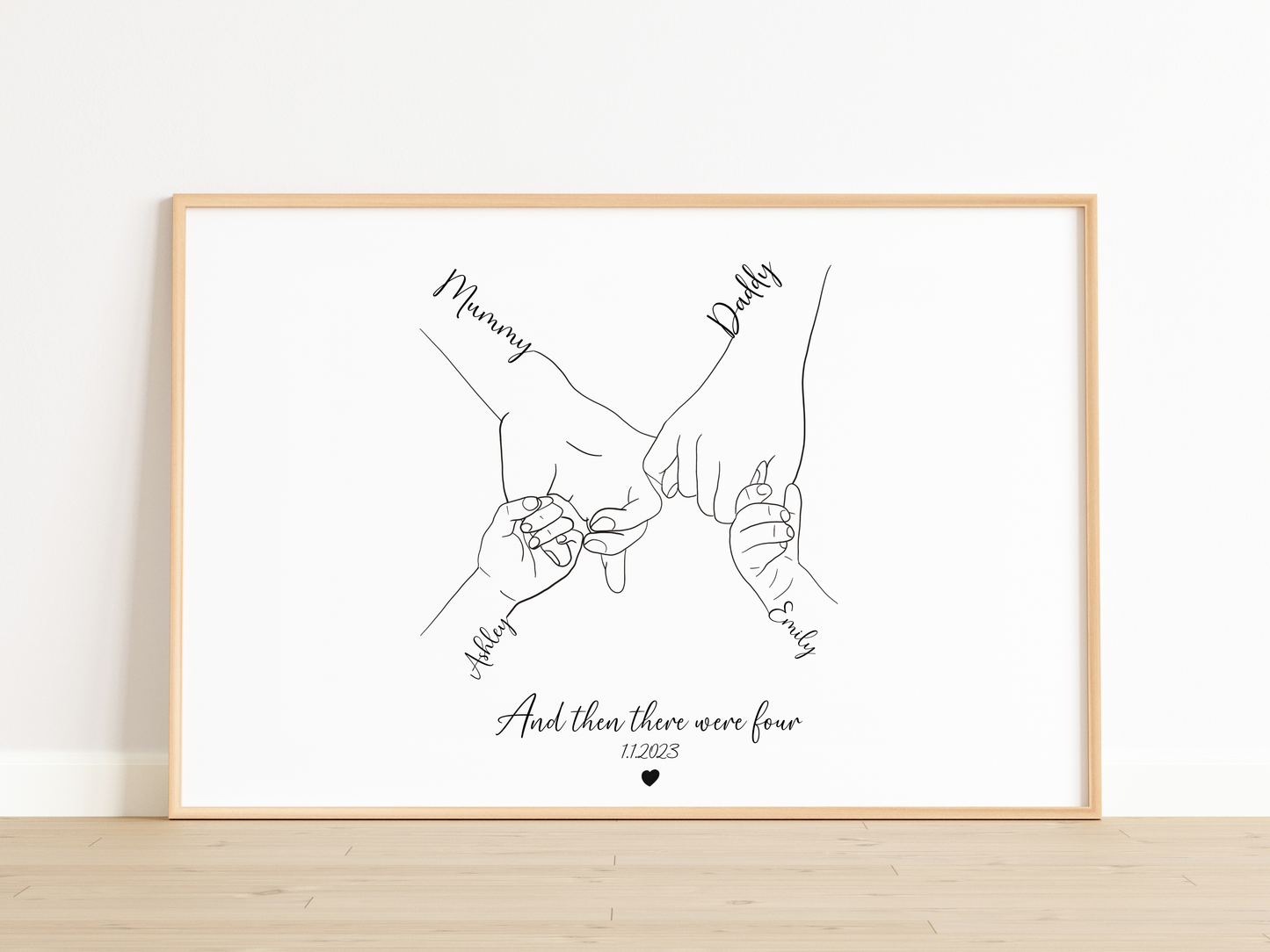 Custom Family Hand Line Drawing – “And Then There Were Four” – Personalized Minimalist Family Portrait Art
