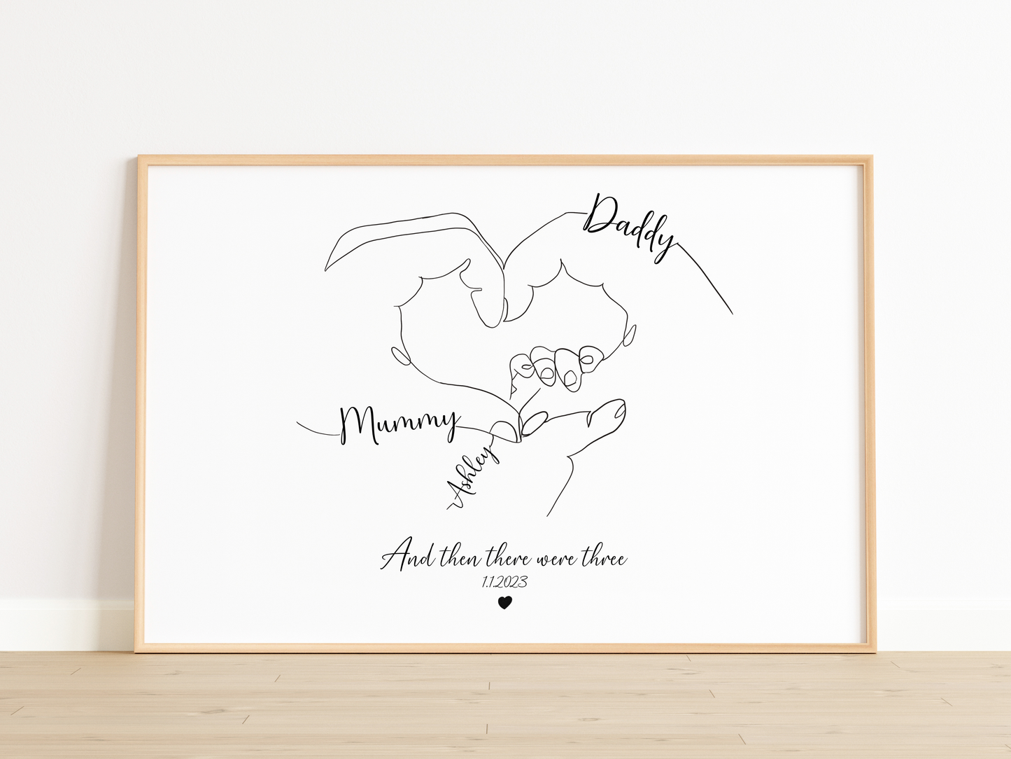 Custom Family Line Art – “And Then There Were Three” – Personalized Hand in Heart Print