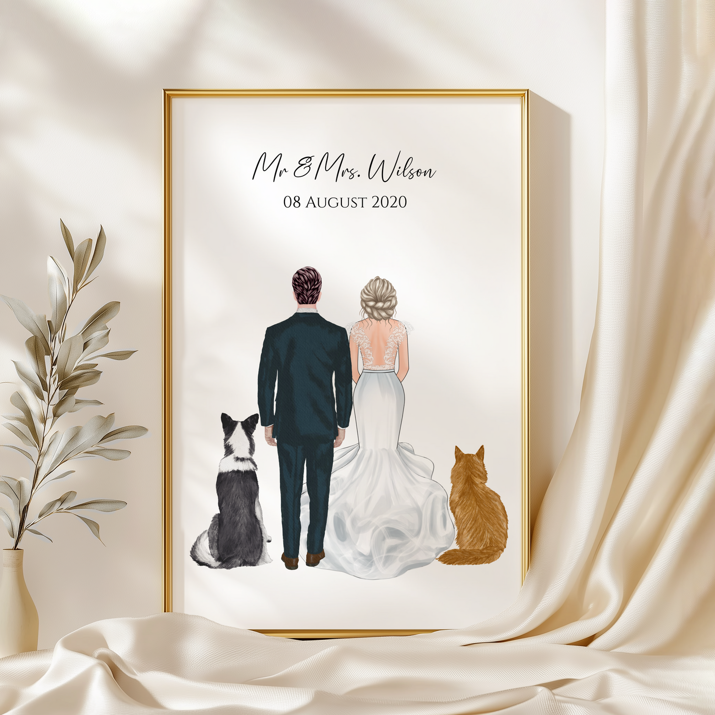 Personalized Wedding Couple Portrait with Pets – Custom Bride & Groom Print with Dogs or Cats