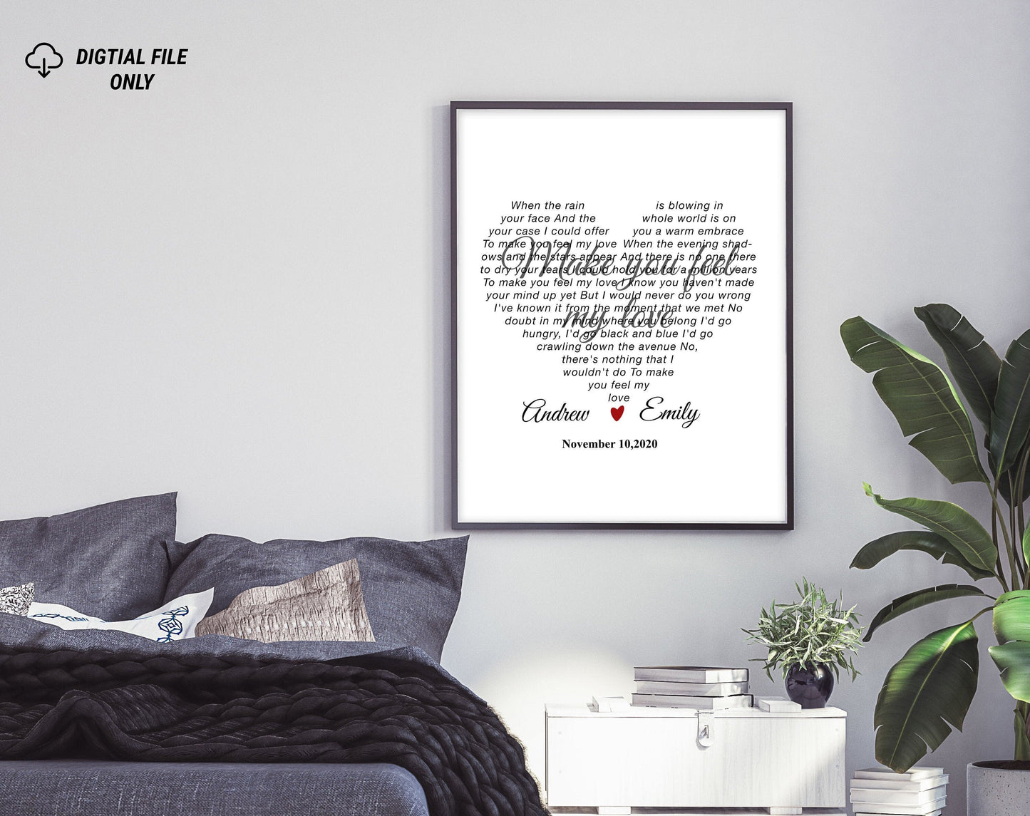 "Personalized Heart-Shaped Song Lyrics Gift - Custom Keepsake with Names, Dates, and Song on Canvas or Poster."