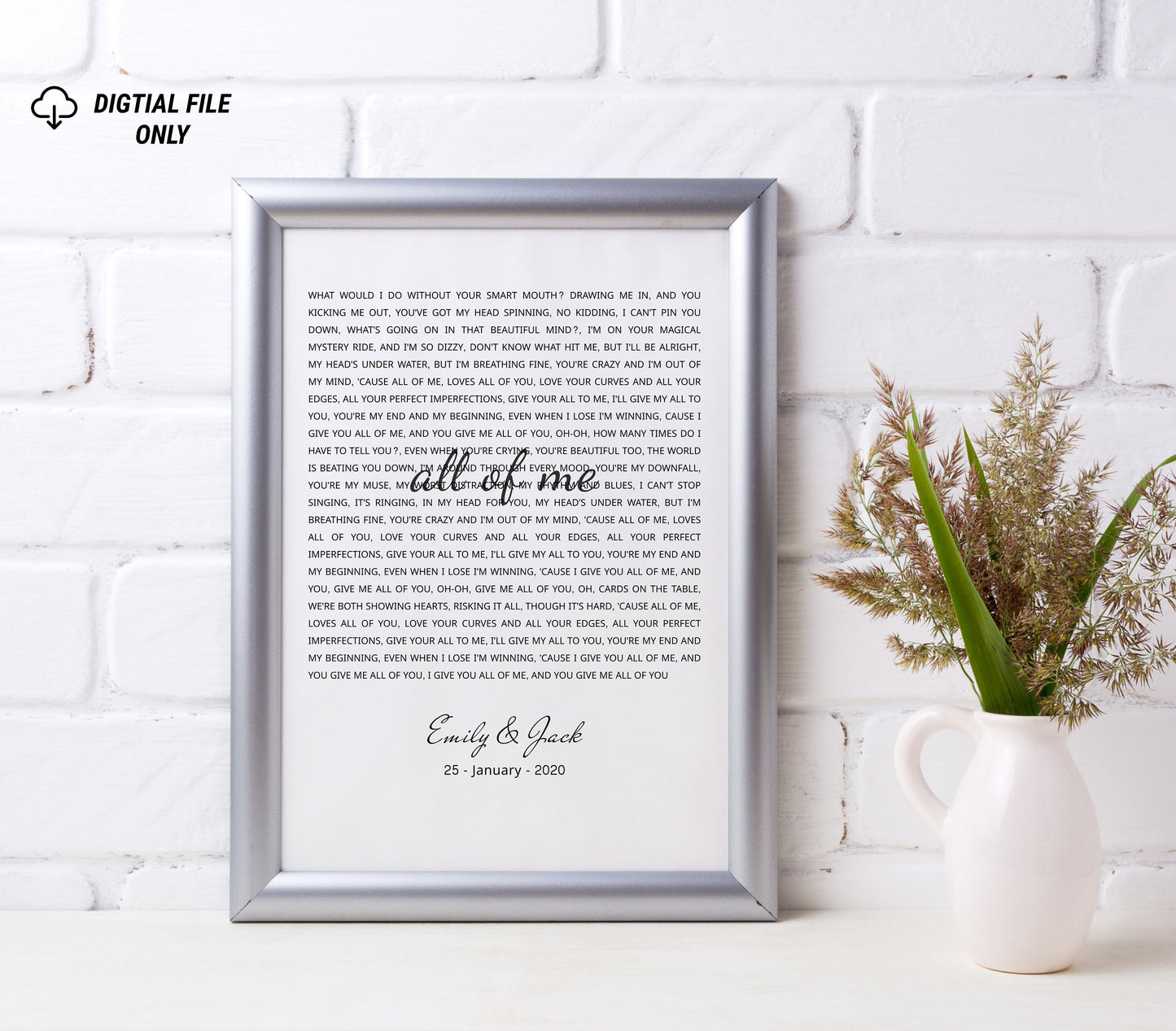 Personalized Song Lyrics Print - Custom Wall Art Frame- Wedding, Anniversary Gifts - For Her, Him, Couples - First Dance - Our Song- digital