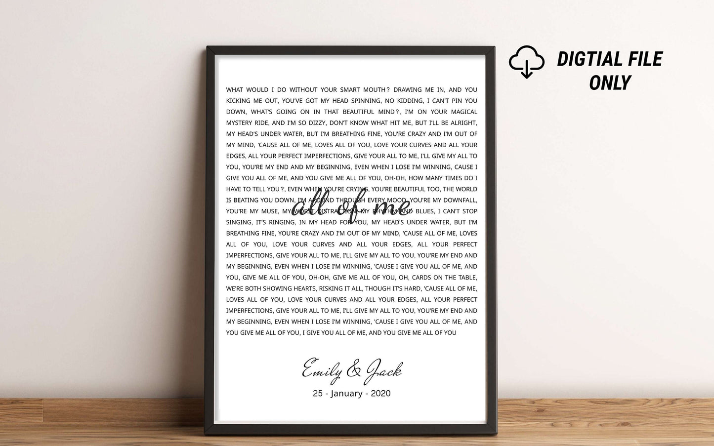 Personalized Song Lyrics Print - Custom Wall Art Frame- Wedding, Anniversary Gifts - For Her, Him, Couples - First Dance - Our Song- digital
