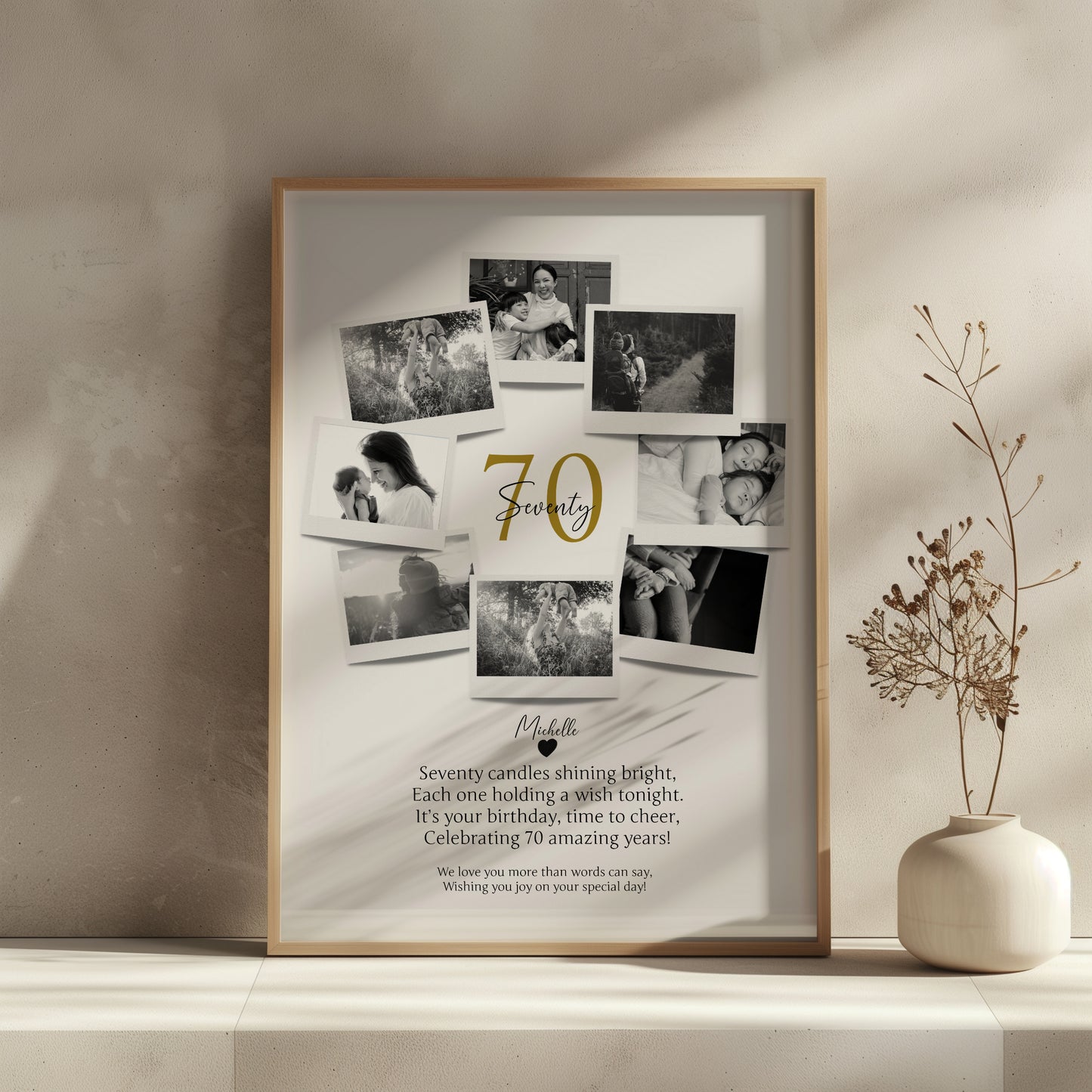 Personalized 70th Birthday Gift - Custom Polaroid Photo Collage, 70 Years Celebration Wall Art, Unique 70 Years Old Keepsake