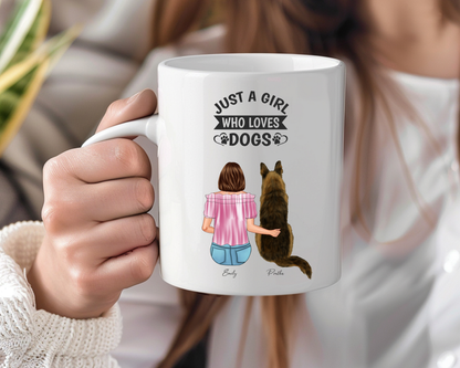 Personalized Dog Lover Mug – “Just a Girl Who Loves Dogs” – Custom Pet Portrait with Name
