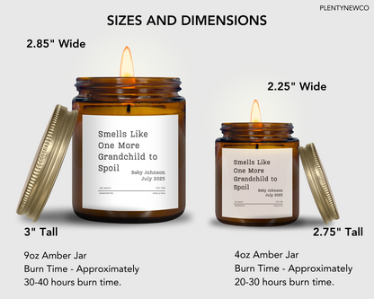 Personalized Grandparent Reveal Candle – “Smells Like One More Grandchild to Spoil” – Custom Baby Announcement – Vanilla Scented 9oz