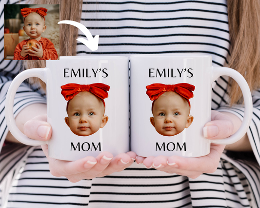 Personalized mug with baby face photo and name text "Emily's Mom" – custom Mother’s Day gift idea for new moms.
