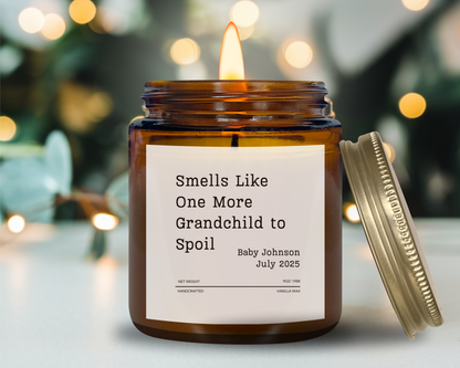 Personalized Grandparent Reveal Candle – “Smells Like One More Grandchild to Spoil” – Custom Baby Announcement – Vanilla Scented 9oz