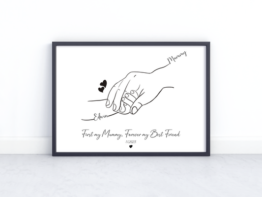 Personalized Mother & Baby Hand Line Art – First My Mummy, Forever My Best Friend – Custom Minimalist Print with Names and Date