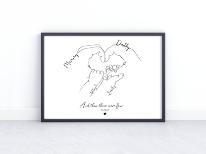 Personalized Family Hands Line Art Print – “And Then There Were Four” – Custom Minimalist Drawing with Names & Date
