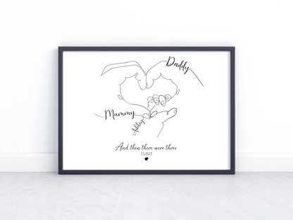 Custom Family Line Art – “And Then There Were Three” – Personalized Hand in Heart Print
