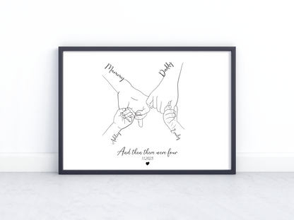 Custom Family Hand Line Drawing – “And Then There Were Four” – Personalized Minimalist Family Portrait Art
