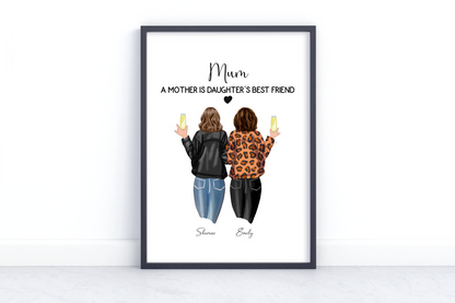 Personalized Mother and Daughter Best Friend Print - Custom Mum and Daughter Portrait, Mother’s Day Gift, Birthday Gift for Mom, Custom Family Art