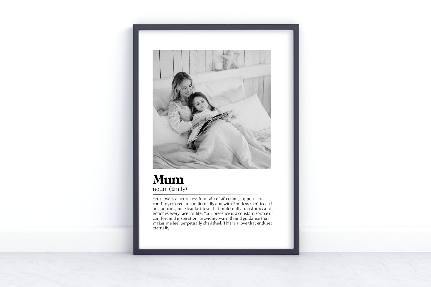 Custom Mum definition wall art print in a sleek black frame, perfect for Mother’s Day, birthdays, or home decor.