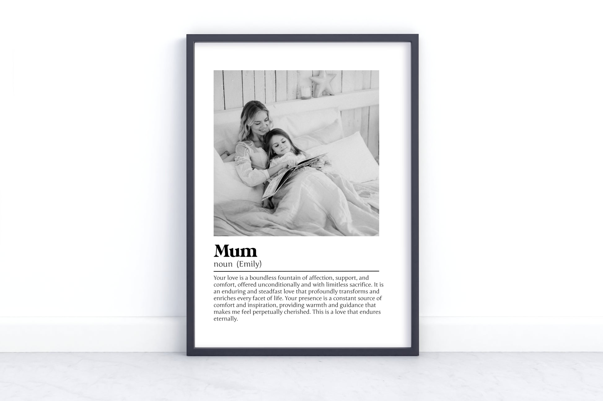Custom Mum definition wall art print in a sleek black frame, perfect for Mother’s Day, birthdays, or home decor.